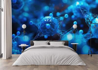 abstract background with glowing blue molecules Wall mural