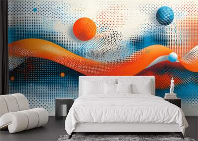 Abstract background with orange and blue spheres and wavy lines on a halftone pattern. Wall mural