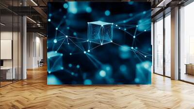 Abstract blue digital network with glowing cubes and lines. Wall mural