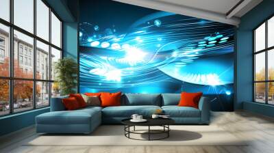 Abstract blue light background with glowing lines and circles. Wall mural