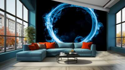 Abstract blue smoke ring on black background. Wall mural