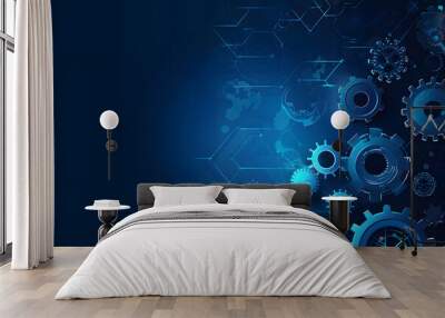 Abstract blue tech background with gears and lines. Wall mural