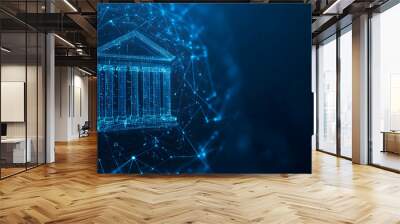 Abstract digital representation of a bank building with a blue glowing network background. Wall mural