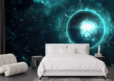 Abstract futuristic background with glowing blue and green light streaks, digital interface, and a bright glowing circle in the center. Wall mural