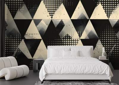 Abstract geometric pattern with black, white, and gray triangles and polka dots. Wall mural