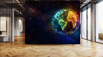 Abstract illustration of the Earth as a glowing network of connections against a starry night sky. Wall mural