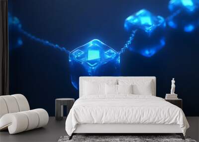 Abstract image of glowing blue cubes connected by a chain. Wall mural