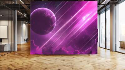 Abstract purple space background with planet and glowing lines. Wall mural