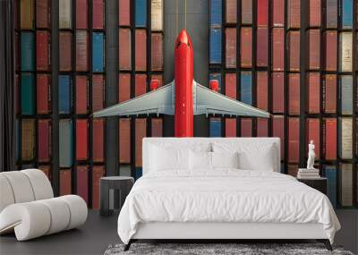 An aerial view of a red airplane landing on a runway surrounded by shipping containers. Wall mural