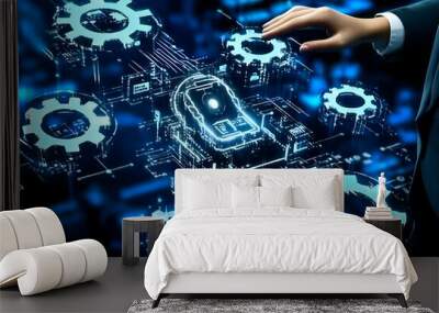 Businessman interacting with a digital network of gears and circuits, representing technology and innovation. Wall mural