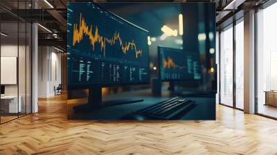 Close-up of a computer screen displaying a financial chart, stock market data, business analytics, and investment trends. Wall mural