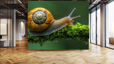 Close up of a snail crawling on a mossy branch in a forest. Wall mural