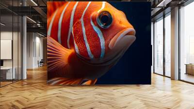 Close-up of a vibrant orange and white fish with a large eye, swimming in a dark blue underwater environment. Wall mural