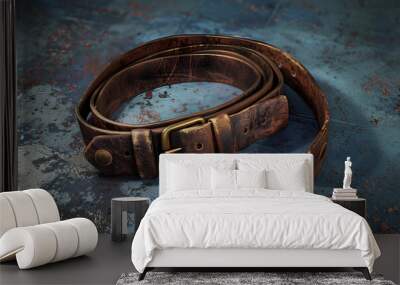 Close up of a worn brown leather belt with a brass buckle on a textured blue surface. Wall mural