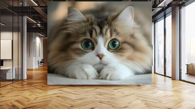 Close-up portrait of a fluffy cat with green eyes looking at the camera. Wall mural