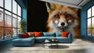 Close-up portrait of a red fox with a black background. Wall mural