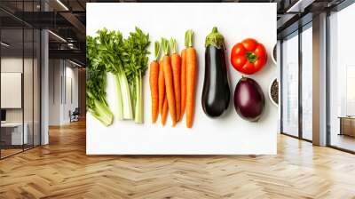 Colorful vegetables, broccoli, celery, carrots, bell pepper, eggplant, lentils in bowls, white background. Wall mural