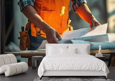 construction worker holding blueprints on the table Wall mural