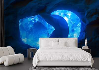 Crystal moon and diamond shapes glow against a dark background. Wall mural