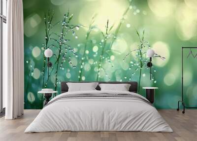 Dew drops glisten on slender blades of grass. Wall mural