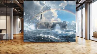 Dramatic seascape with a rainbow and seabirds flying over a rocky island arch. Wall mural