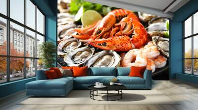 Fresh seafood platter with lobster, oysters, and shrimp. Wall mural