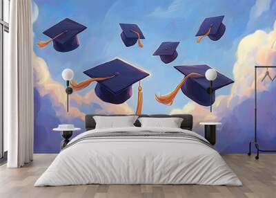 Graduation caps flying in the sky, a symbol of hope and achievement. Wall mural