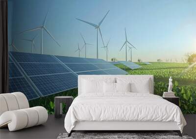 Green energy concept with solar panels and wind turbines. Wall mural