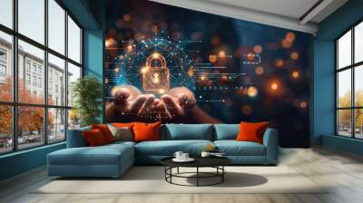 hand holding digital padlock and data security icon Wall mural