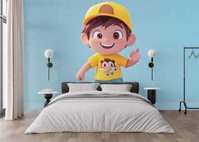 Happy cartoon boy in a yellow cap riding a skateboard. Wall mural