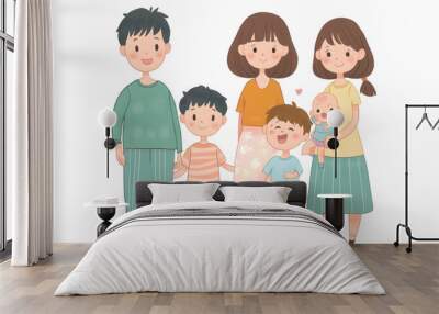 Happy family of five, two parents, two sons and a baby. Wall mural