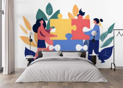 Illustration of two people putting together a puzzle, representing teamwork and collaboration. Wall mural