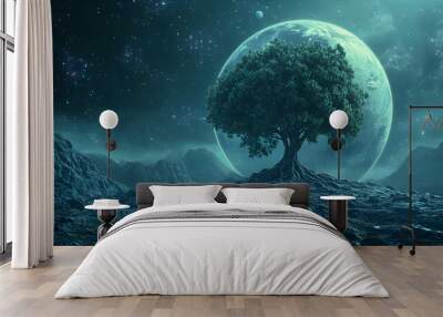 Lonely tree on a planet with a large moon in the sky. Wall mural