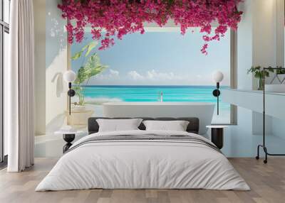 Luxurious bathroom with a view of the ocean and pink flowers. Wall mural