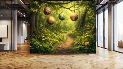 Magical forest path with hanging orbs. Wall mural