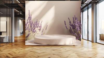 Minimalist lavender field product display, podium, platform, beige, sunlight. Wall mural