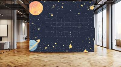 Night sky with planets, stars, and a dotted grid. Wall mural