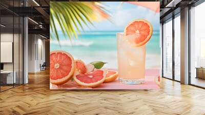 Refreshing grapefruit cocktail with ice on a tropical beach. Wall mural