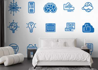 Set of blue line icons representing different tech concepts. Wall mural