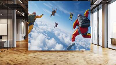 Skydiving team in formation above a sea of clouds. Wall mural