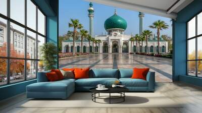 Stunning view of a modern mosque with intricate details and a green dome. Wall mural