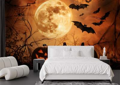 Three jack-o'-lanterns with glowing eyes, a full moon, and bats flying against a spooky orange sky. Wall mural