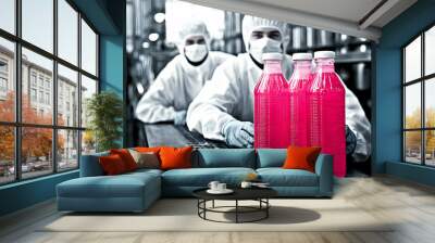 Three pink bottles of liquid on a conveyor belt with two workers in the background wearing white protective clothing and masks. Wall mural