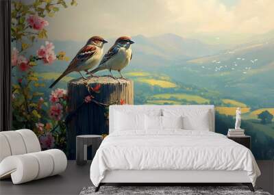 Two birds perched on a wooden post, overlooking a valley with blooming flowers in the foreground and mountains in the distance. Wall mural