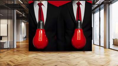 Two businessmen with red light bulbs hanging from their neckties on a red background. Wall mural