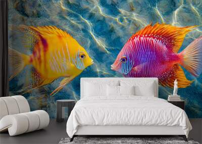 Two colorful angelfish face each other in clear blue water. Wall mural