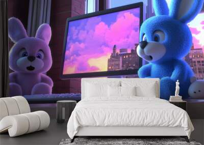 Two plush bunnies sit at a desk in front of a computer, looking at the screen. The bunny on the left is typing on a keyboard. The bunny on the right is looking on in amazement. Wall mural