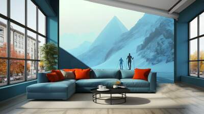 Two skiers silhouetted against a snowy mountain backdrop. Wall mural