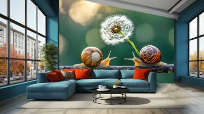 Two snails on a branch with a dandelion in the background. Wall mural