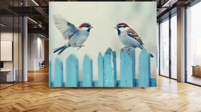 Two sparrows, one in flight and one perched on a blue fence, creating a beautiful image of nature. Wall mural